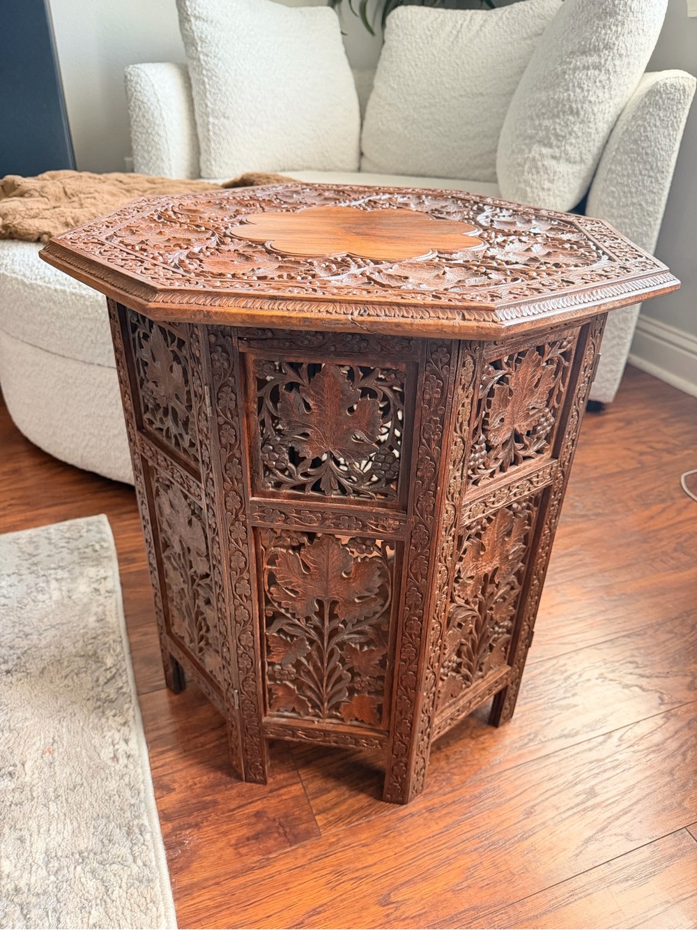 Antique Anglo Indian Carved Teak Octagonal Side Table Pierced Floral Folding